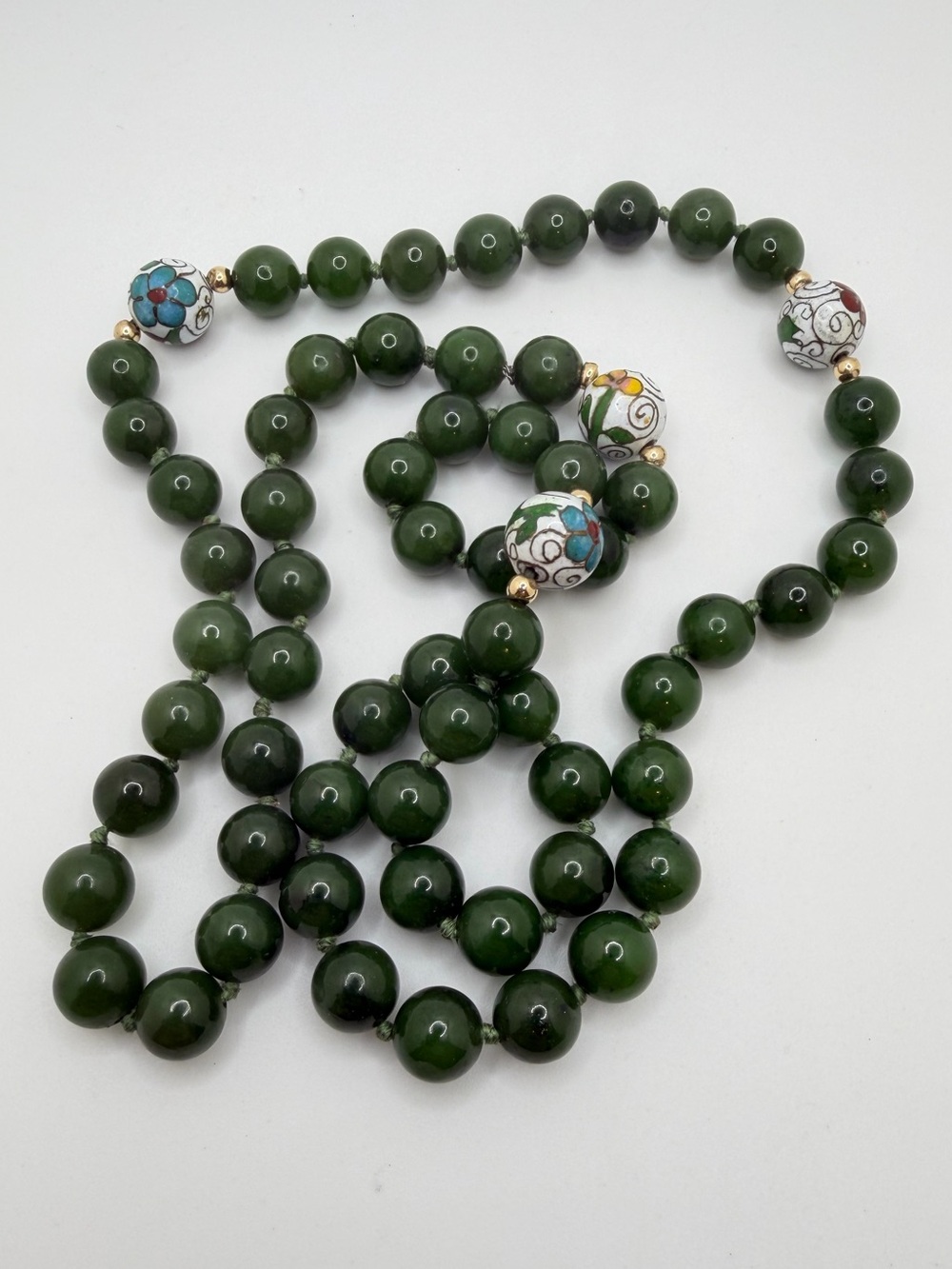 30" long 10mm Nephrite Jade and 12mm Cloisonne beaded, hand knotted necklace!